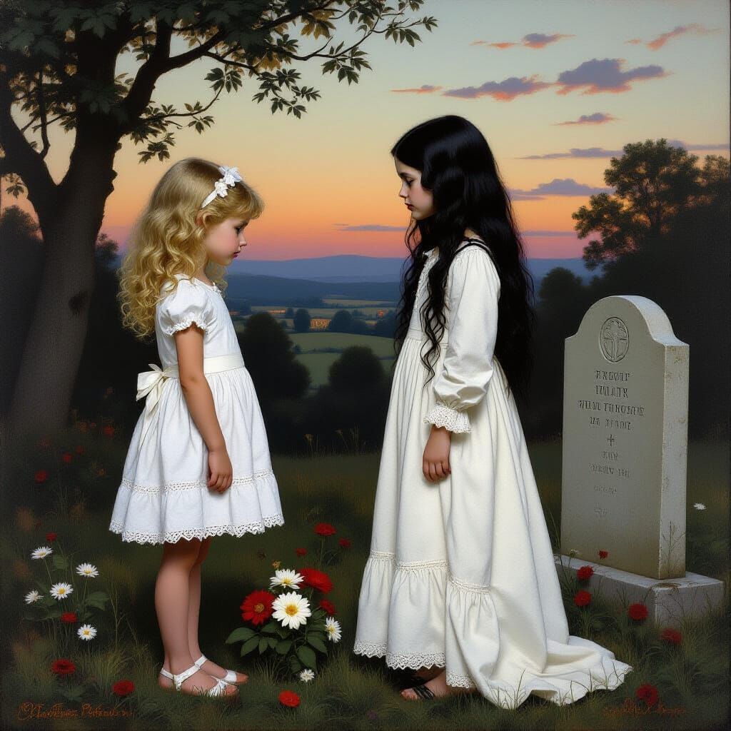 Gothic and Summer Girls Mourn at Gravesite in Twilight