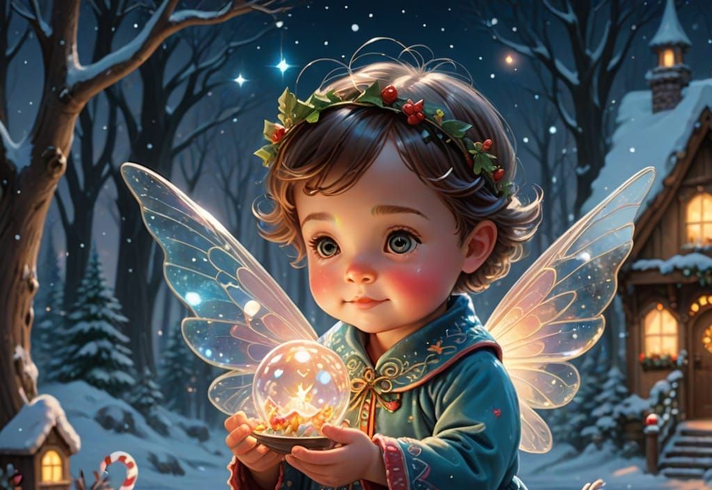 Christmas Fairy Plays with Baby Reindeer in Whimsical Candyl...