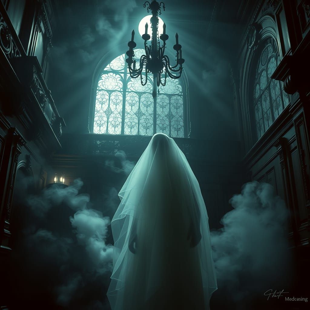 Ethereal Ghostly Figure in a Haunted Mansion