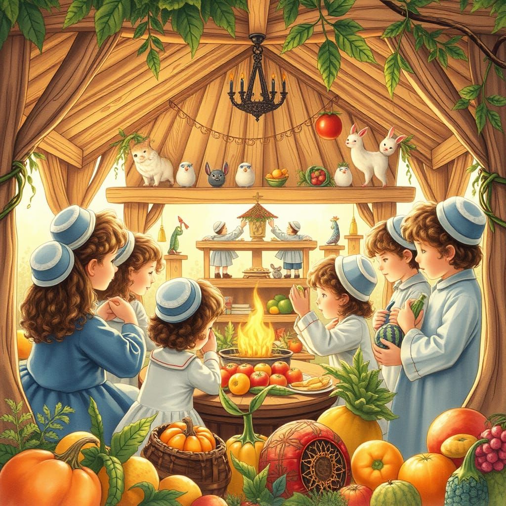 Charedi Children Gather Around a Whimsical Sukkah in Vintage...