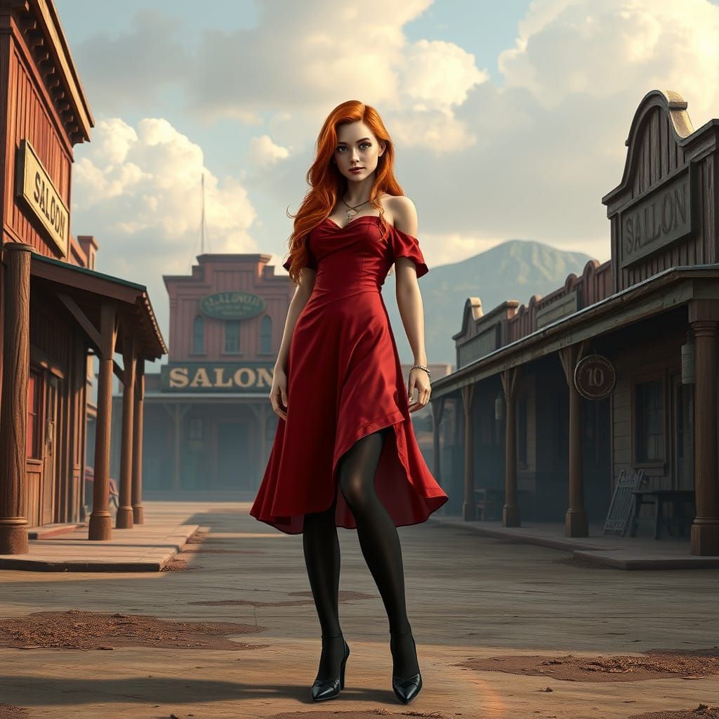 Wild West Saloon Girl in a Small Town Fantasy Scene