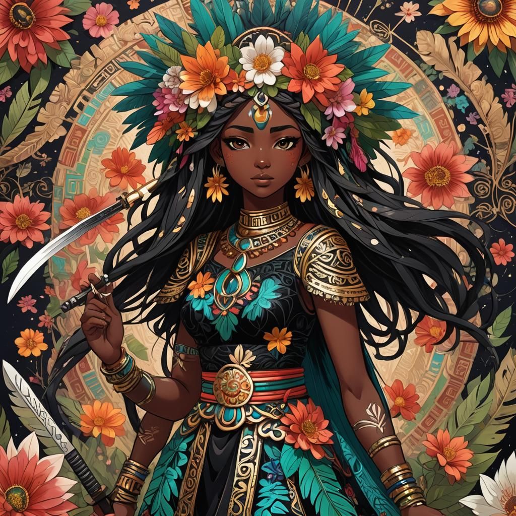 Anime Girl with Obsidian Sword in Mayan Style