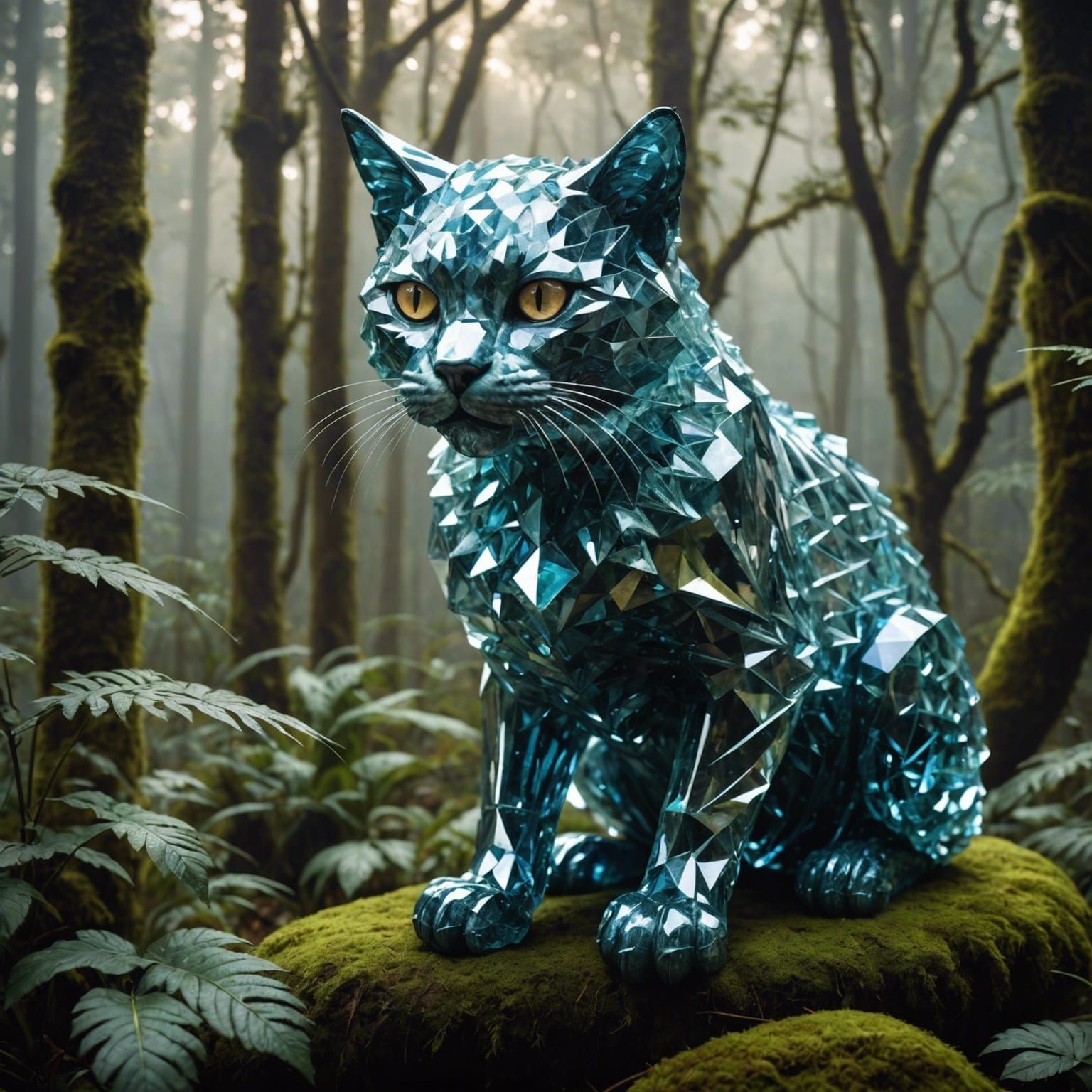 Crystal Cat Sculpture in Forest, Geometric Art
