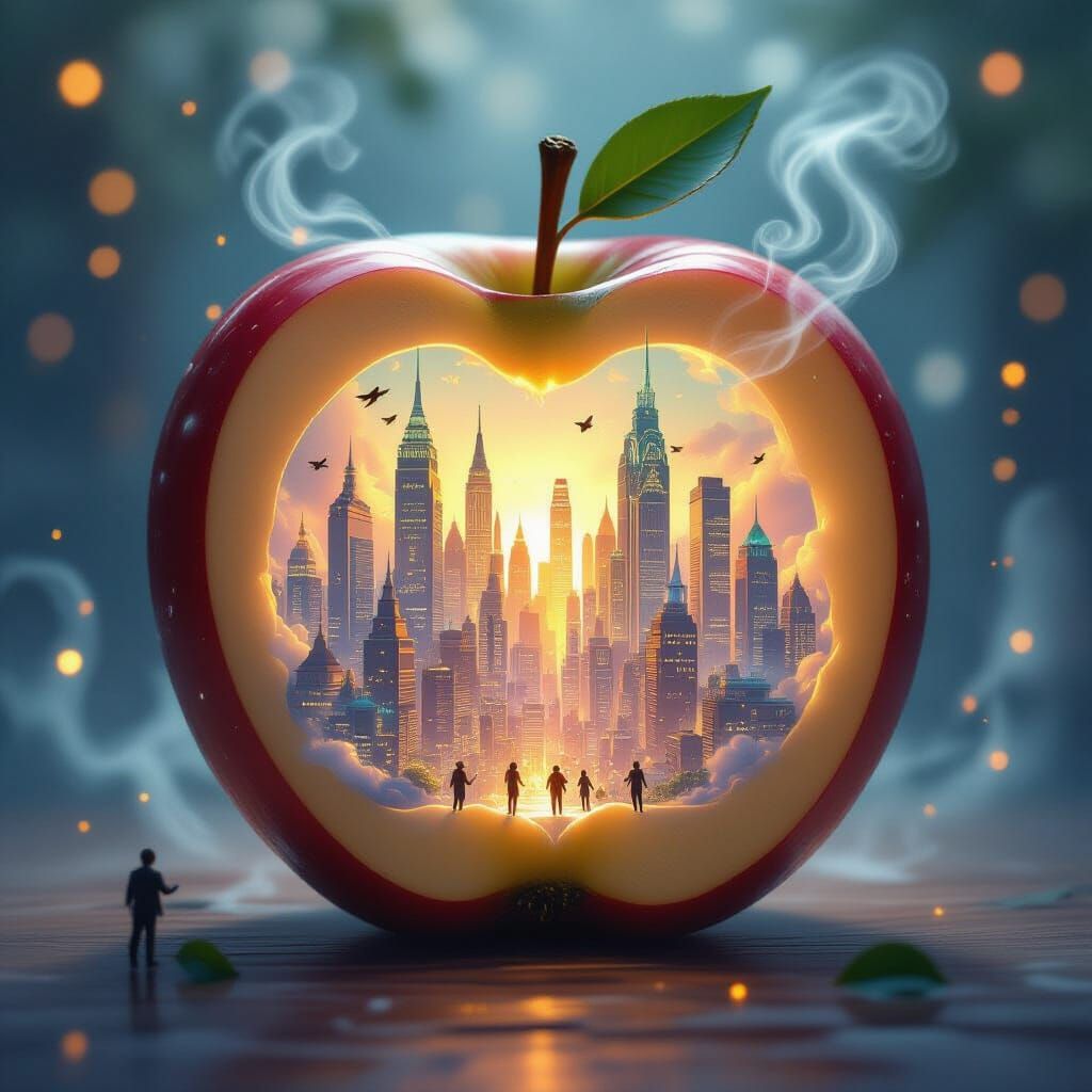 Fantasy City Revealed Inside Sliced Apple, Luminous Style
