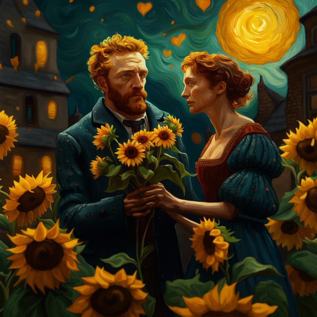 Man Holding Sunflowers: Van Gogh-Style Digital Painting