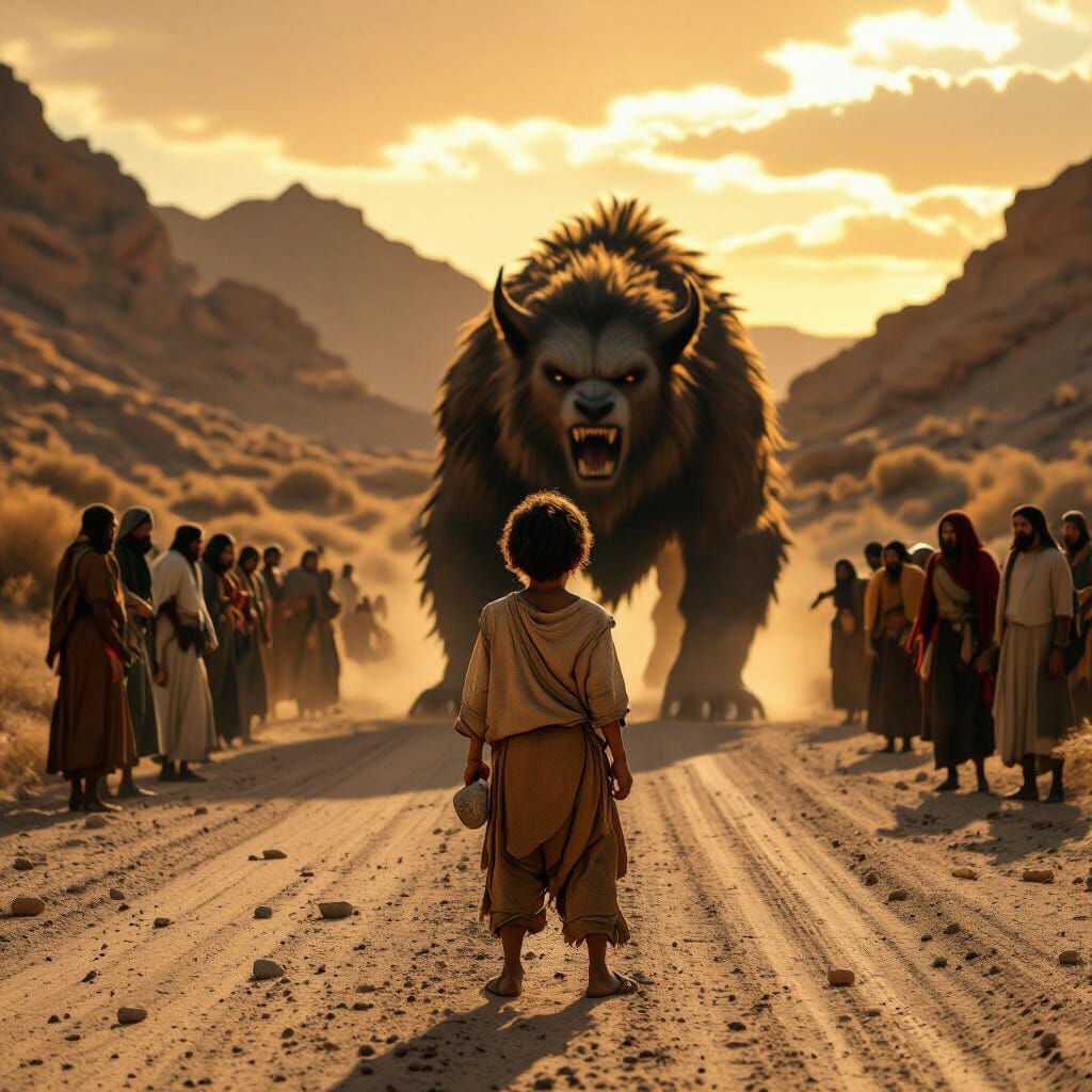 Boy Confronts Beast on Desert Road