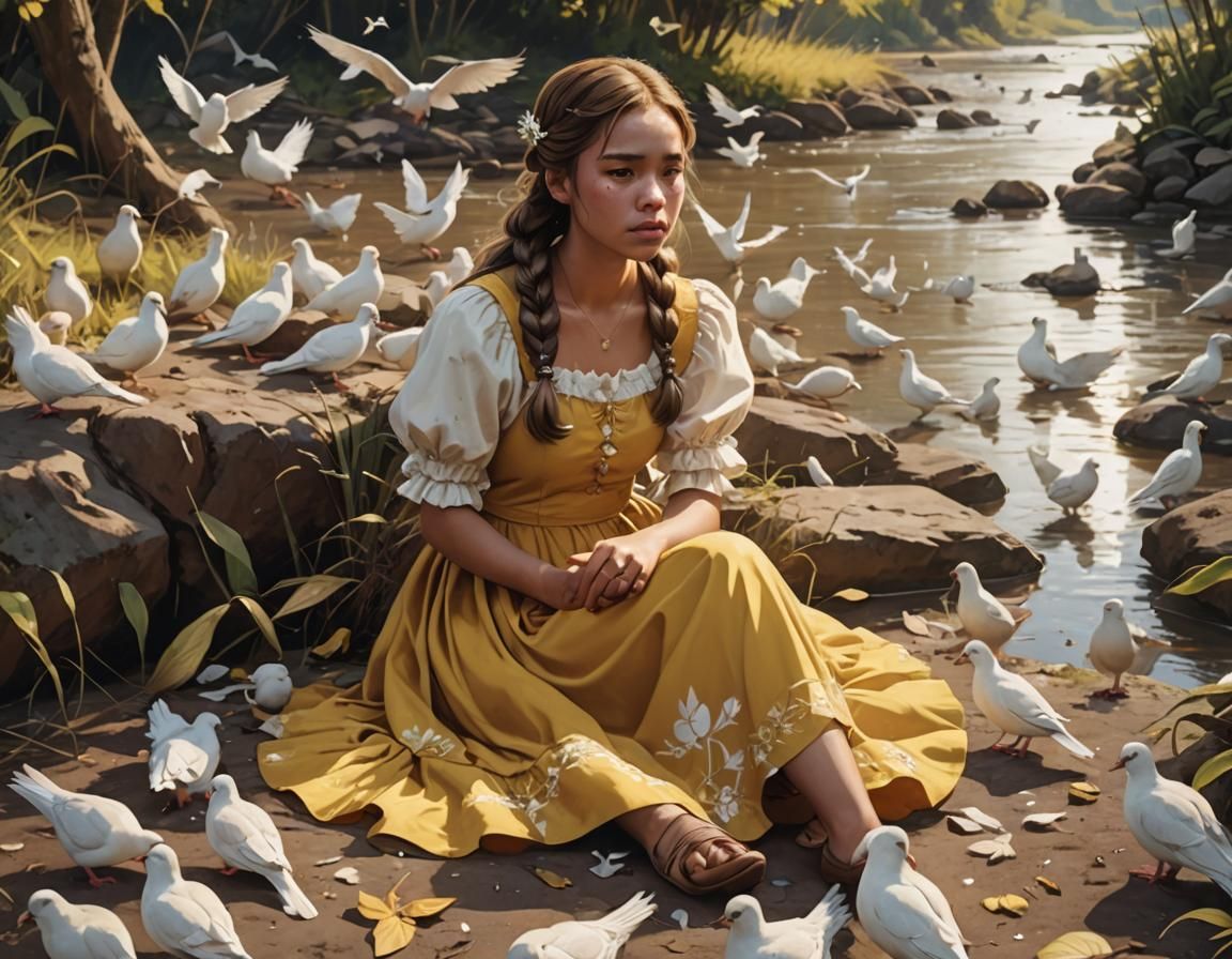 Girl with Dove Crying in Countryside: Digital Illustration