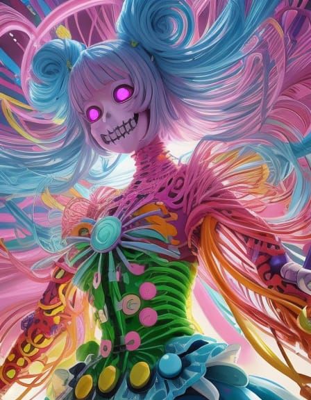 Cheerful Skeleton Dances in Anime-Inspired Landscape