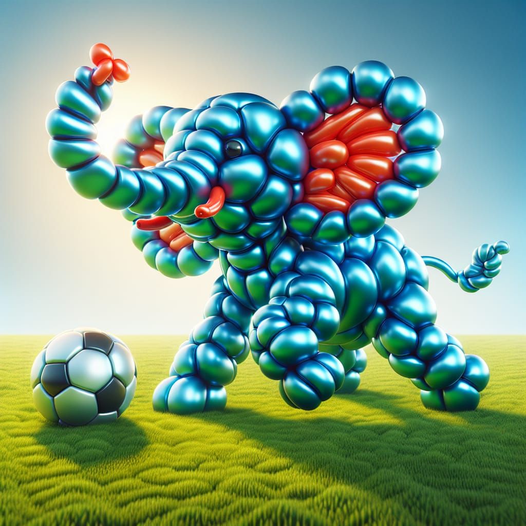 Blue Balloon Elephant on Green Field in Mid-20th Century Ani...