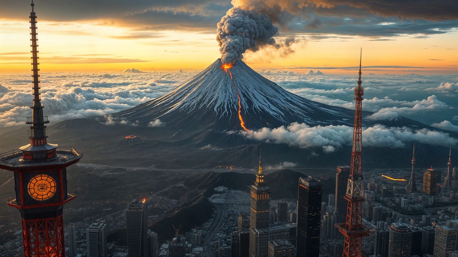 Mount Fuji Eruption from Tokyo Tower: Hyperrealistic