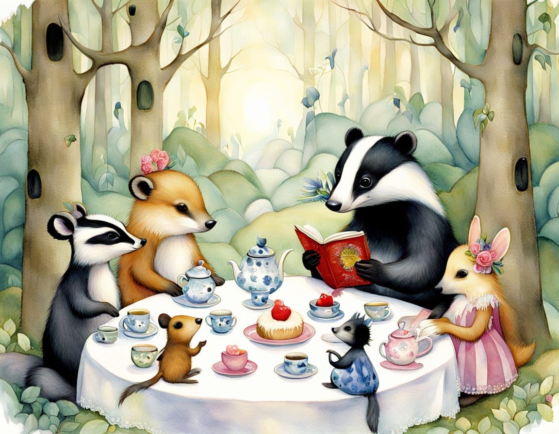 Forest Animals Tea Party with Badger Reading Poetry