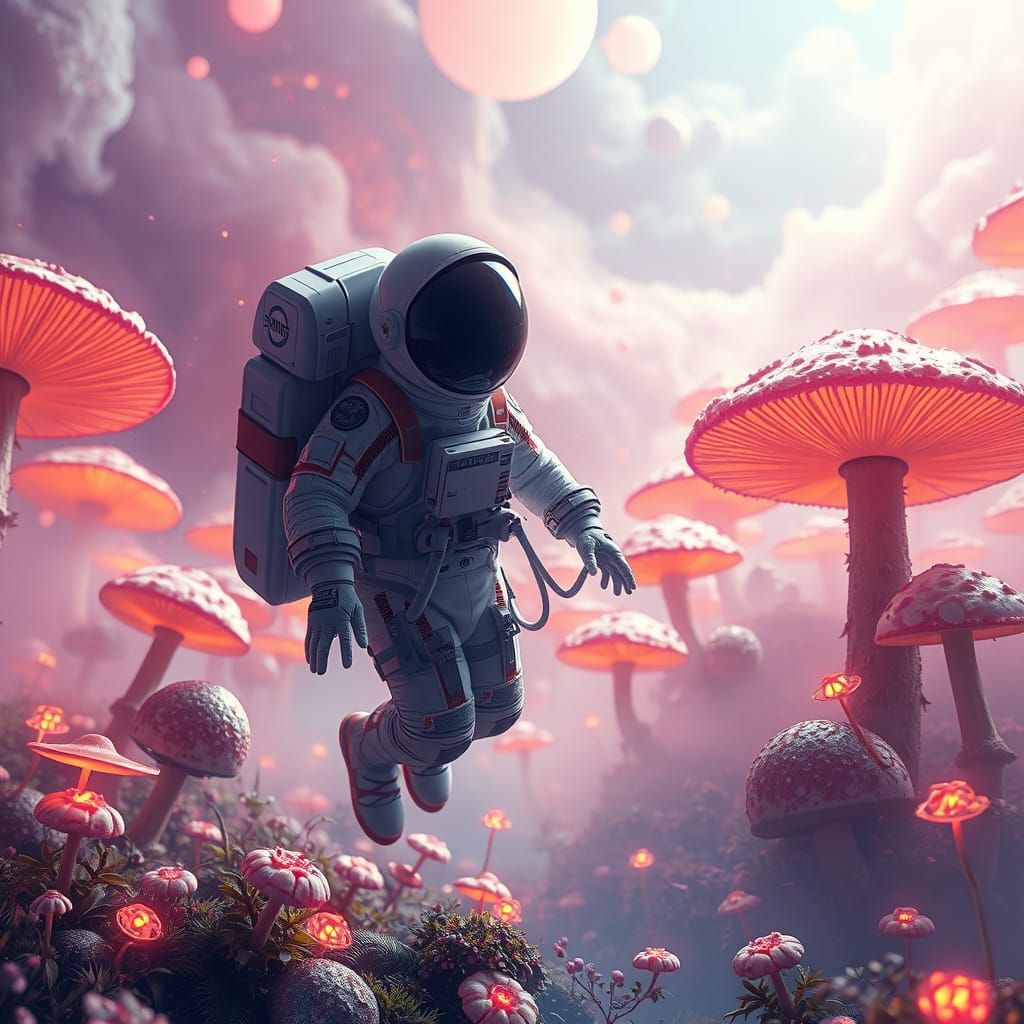 Astronaut Surrounded by Glowing Mushrooms in a Vibrant, Drea...