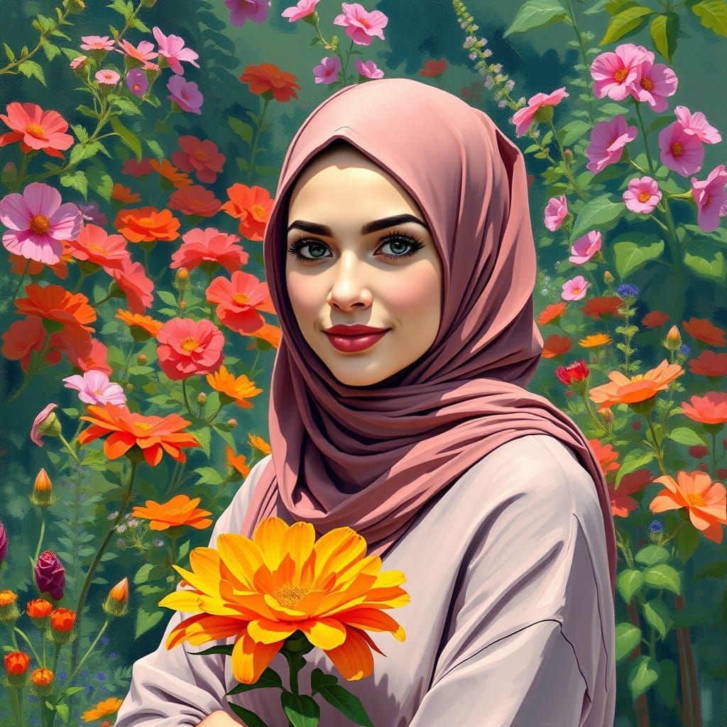Impressionistic Hijabi Woman in Floral Garden