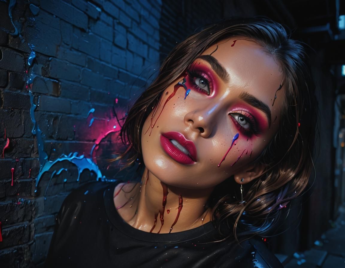 Woman with Melting Makeup in Dark Alleyway