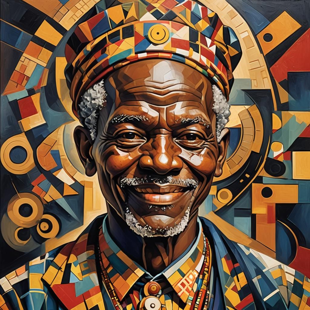 Geometric Cubist Portrait of Nigerian Man in Traditional Dre...
