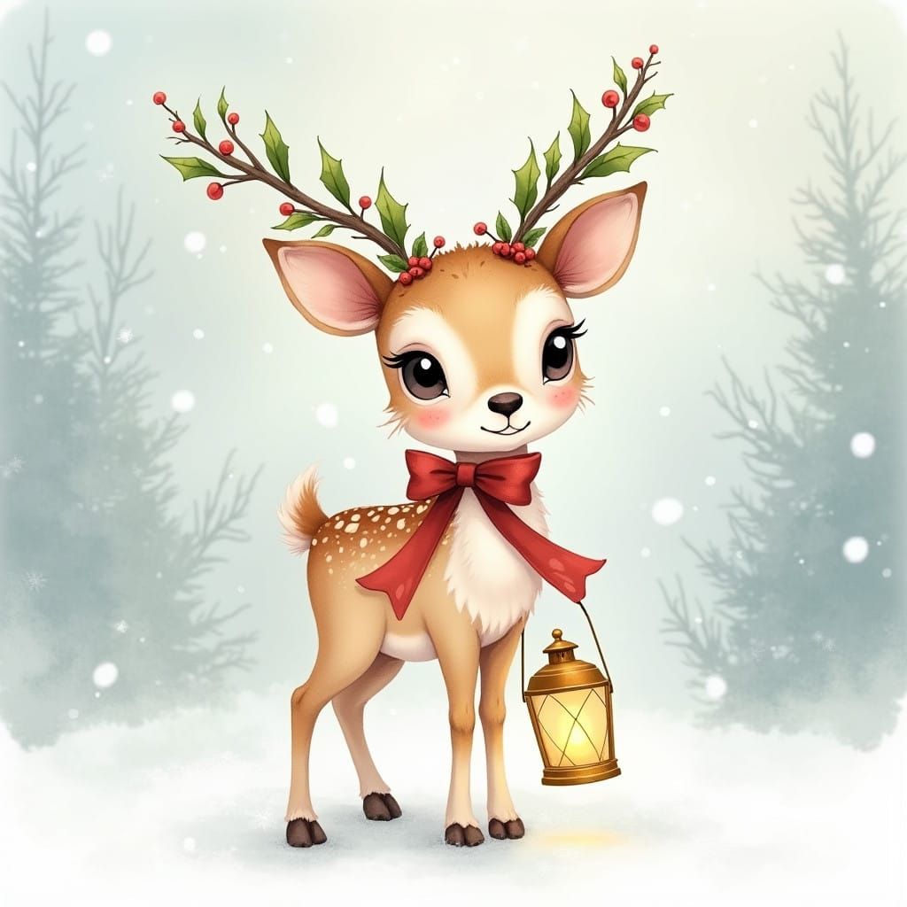 Whimsical Watercolor Christmas Reindeer Fawn with Holly and....
