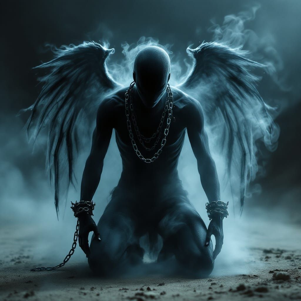 Ghostly Figure Shackled in Dark Sci-Fi Landscape