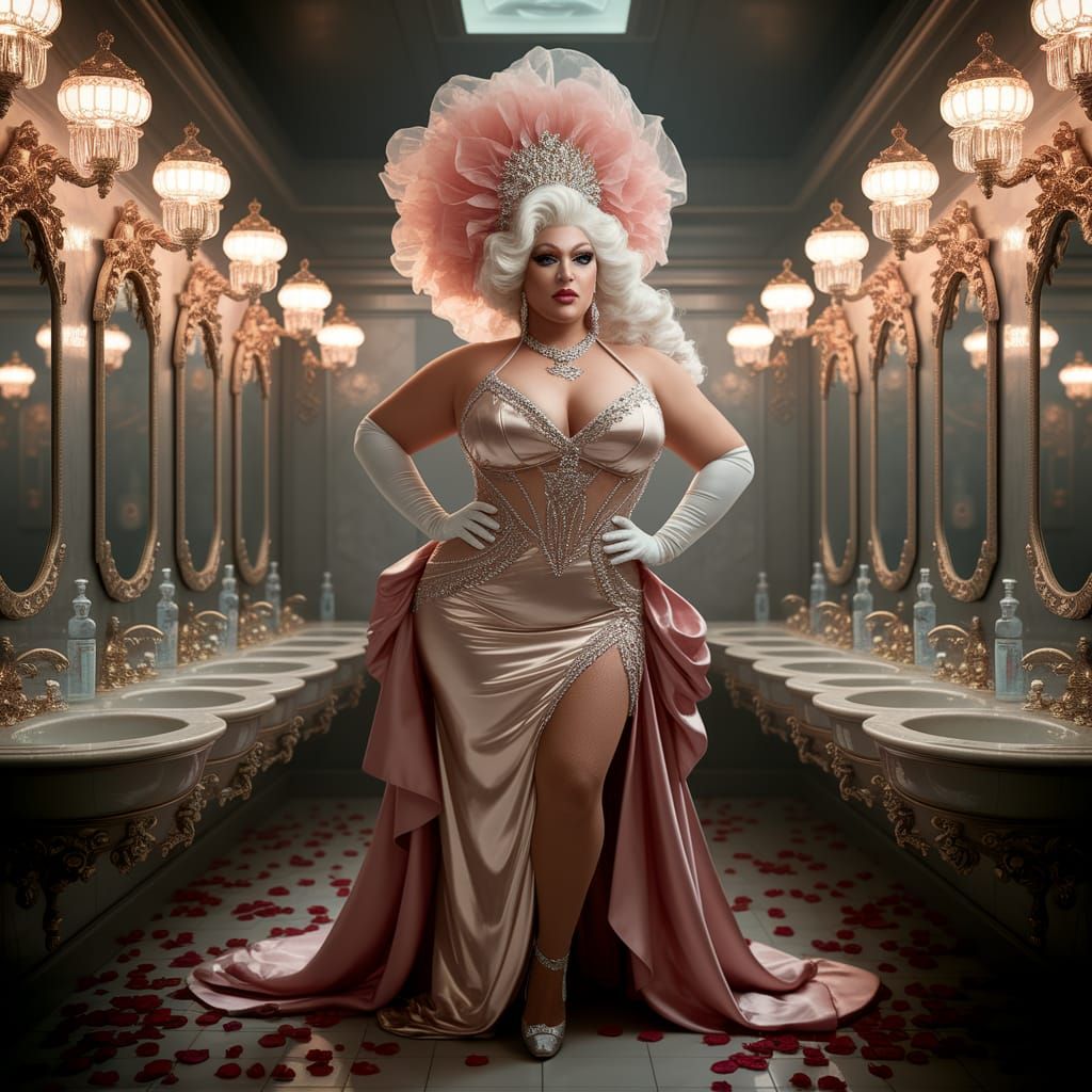 A flamboyant mature overweight drag queen, adorned in a shim...