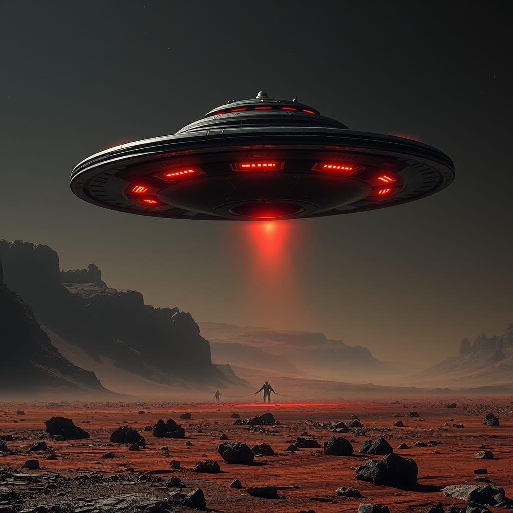 Menacing Black UFO Over Mars in Sci-Fi Concept Art Style