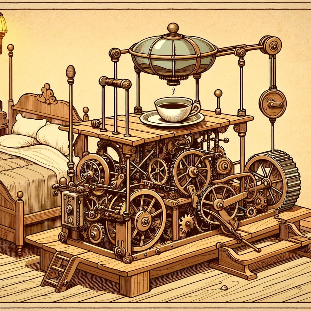 Whimsical Coffee Delivery Contraption: Cartoon Illustration