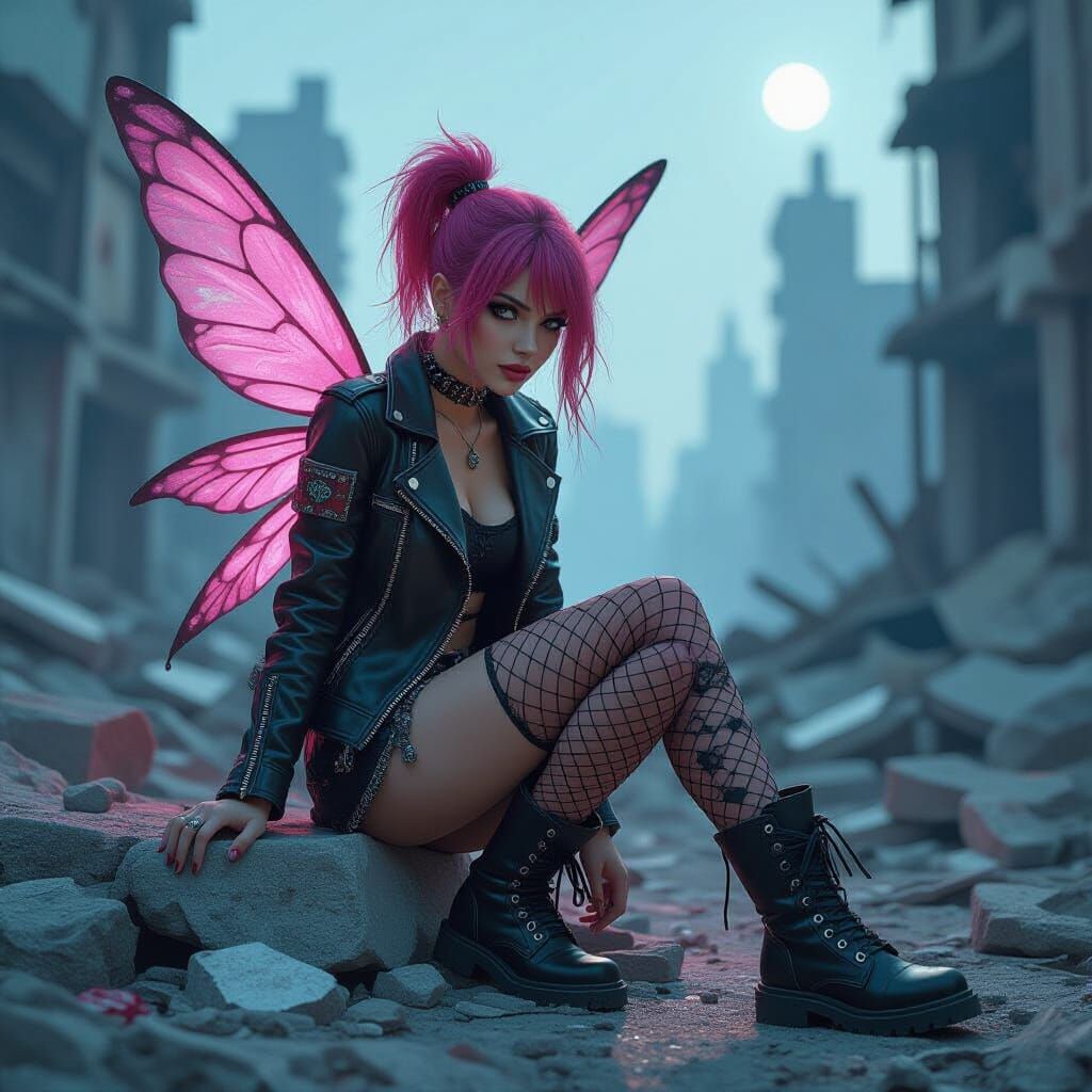 Punk Fairy in Post-Apocalyptic Cyberpunk Cityscape