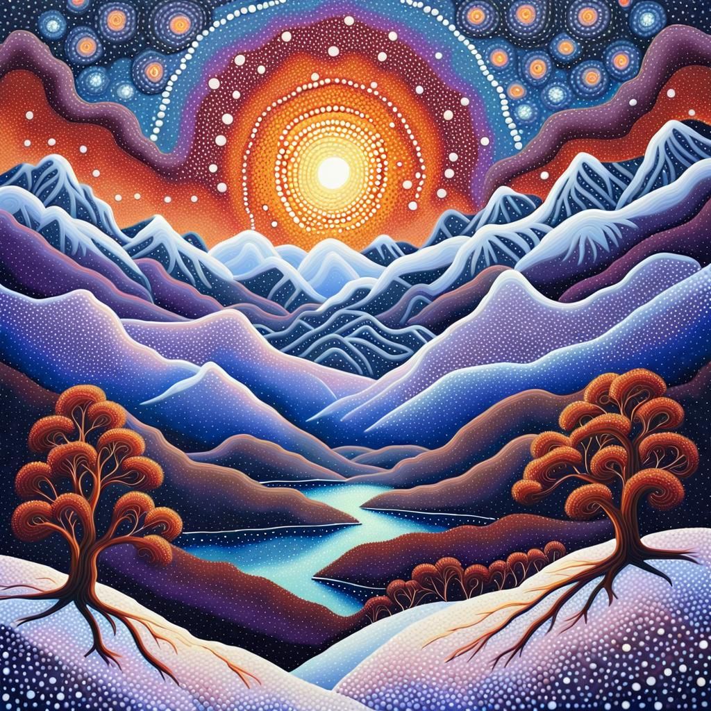 Australian Aboriginal Dreamtime Landscape in Starry Night