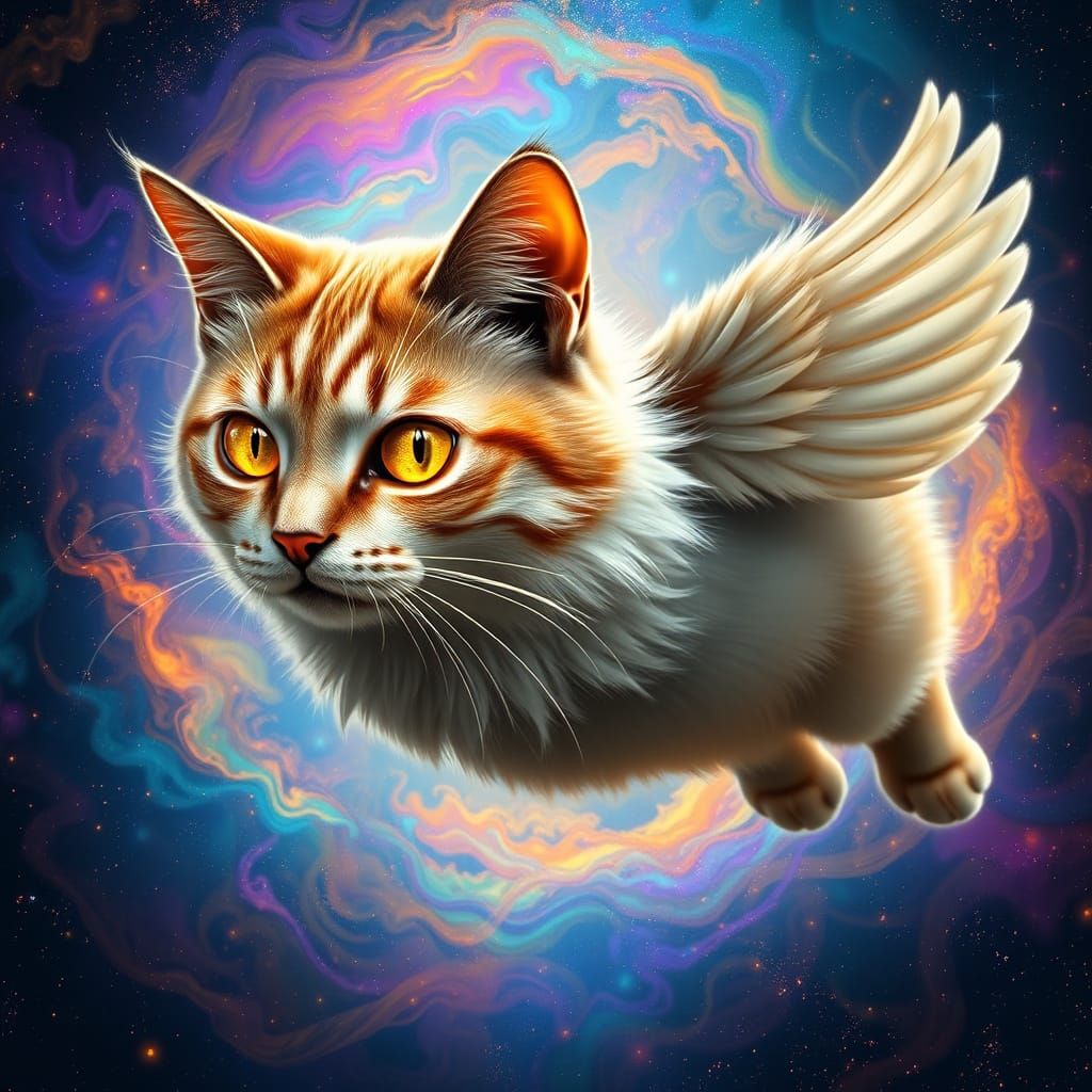 Majestic Flying Cat in a Vibrant, Hyperrealistic Galaxy