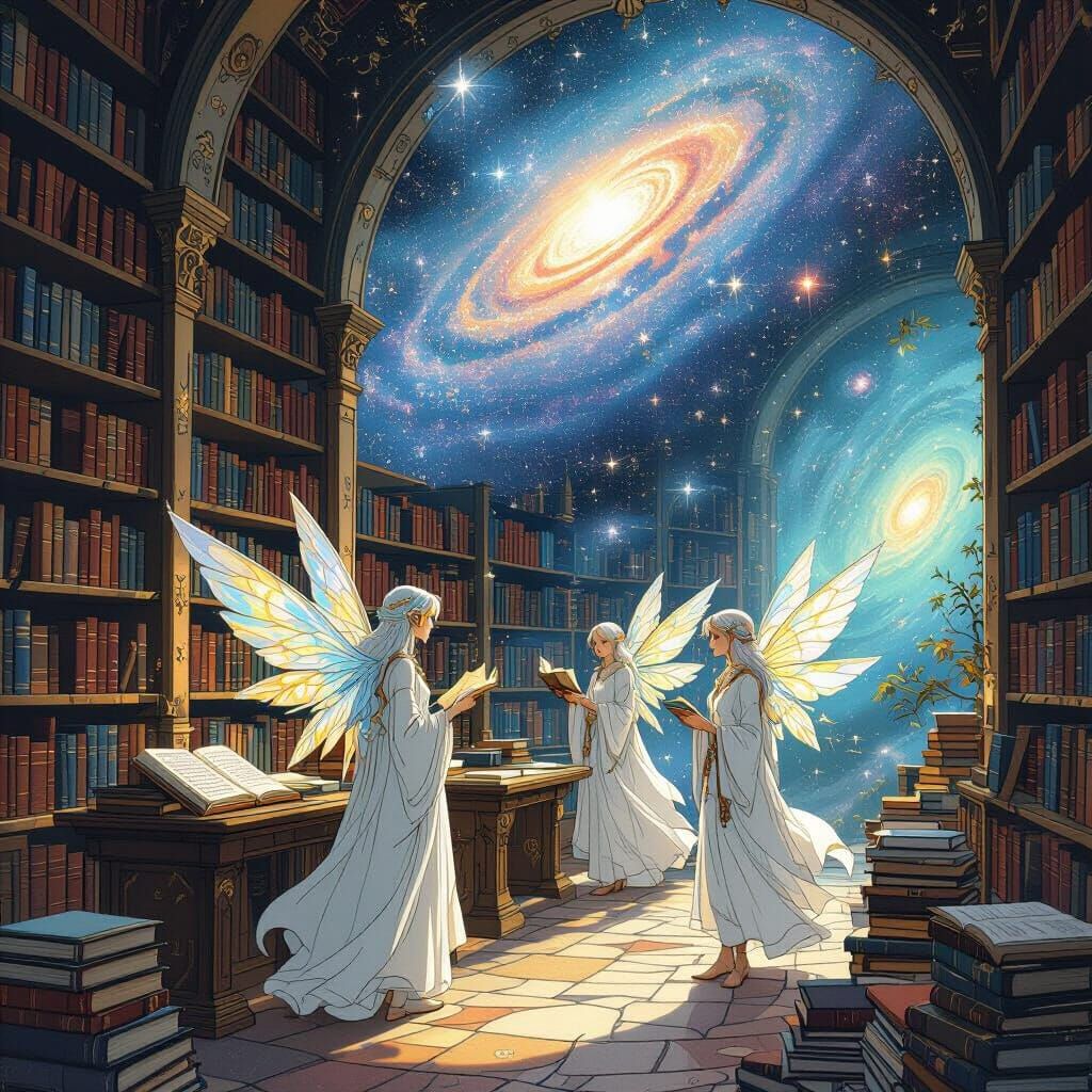 Celestial Library with Elves in Dreamlike Galaxy