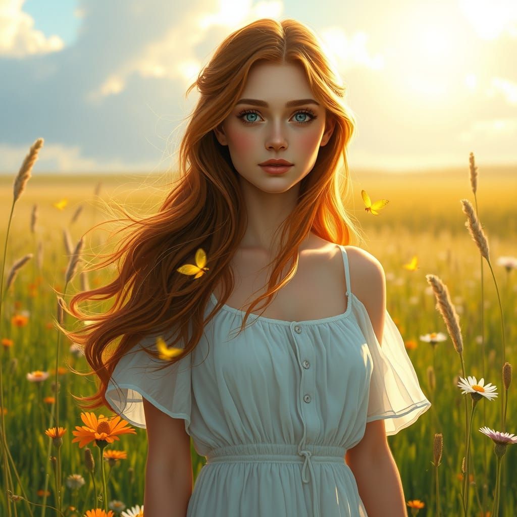 Woman in Wildflower Meadow, Hyperrealistic Art Nouveau Style