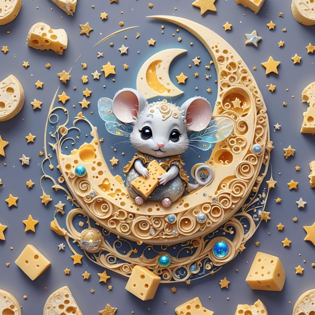 Chibi Mouse on Cheese Moon with Magic Swirls