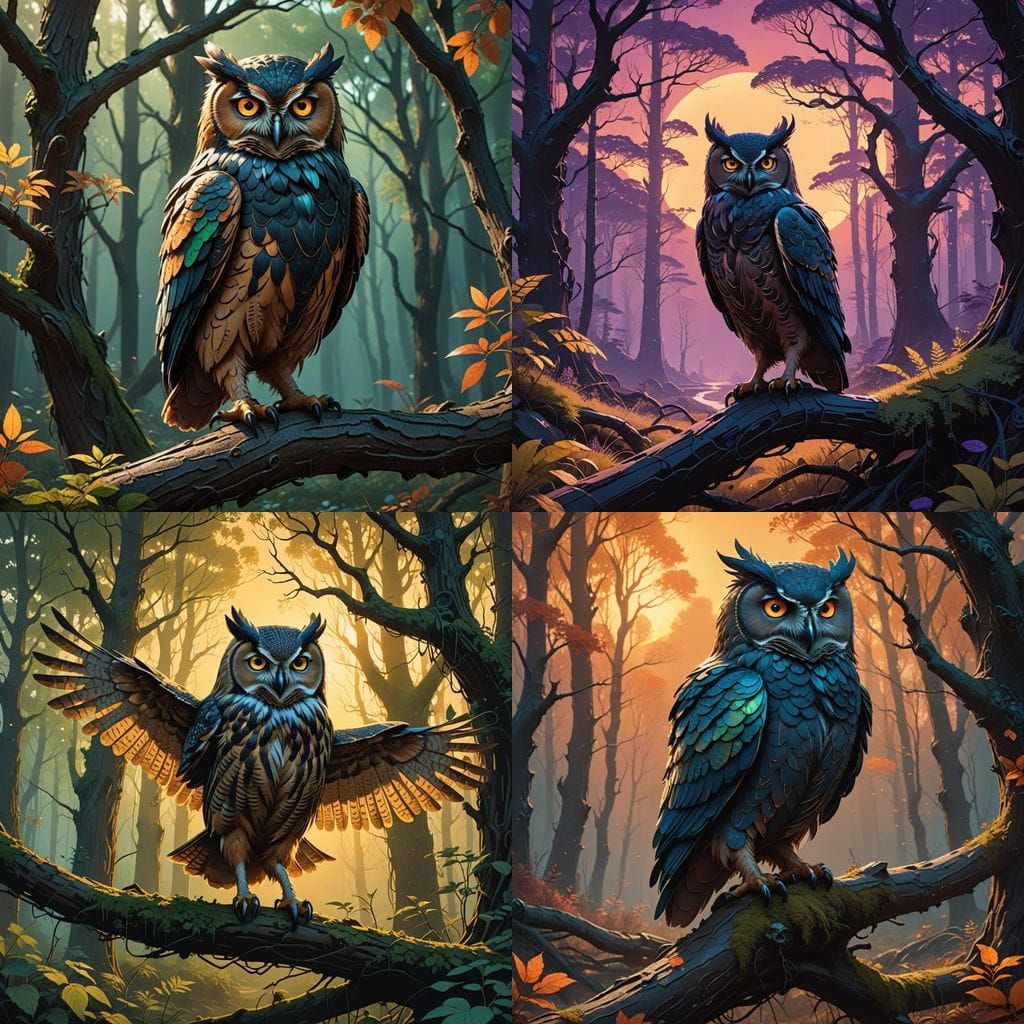 Surreal Sunset Owl Dancing in Whimsical Forest