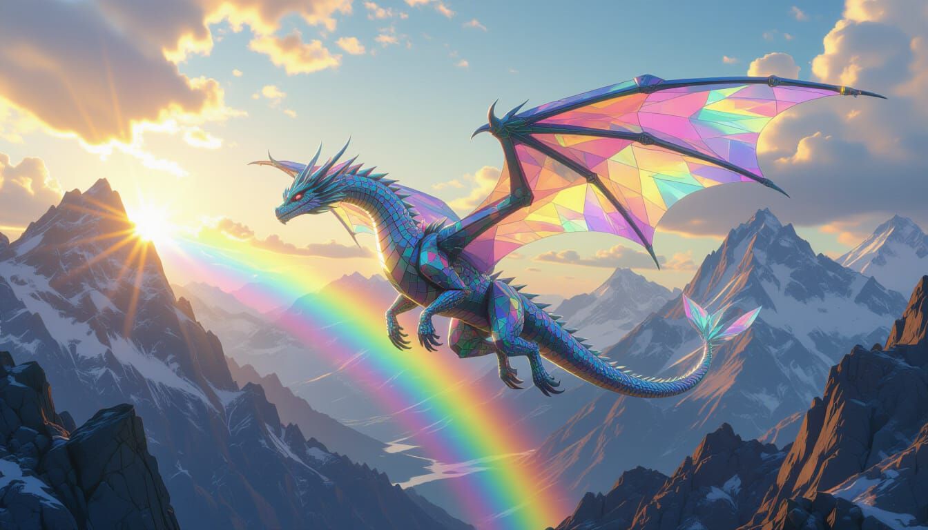 Prismatic Crystal Dragon Soaring Over Mountains