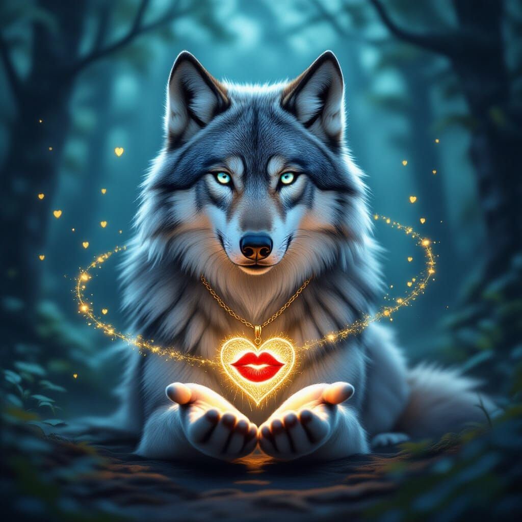 Majestic Shadow Wolf Offers Luminous Kiss in Mystical Forest