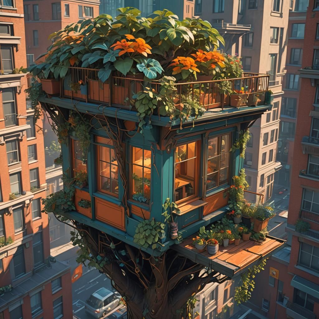 Treehouse on High-Rise Ledge: Detailed Concept Art