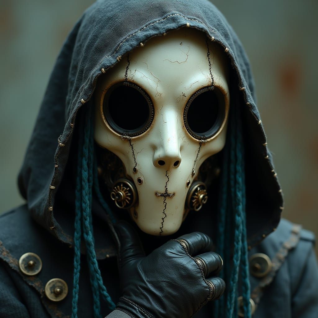 Eerie Humanoid Masked Figure in Gothic Steampunk Style