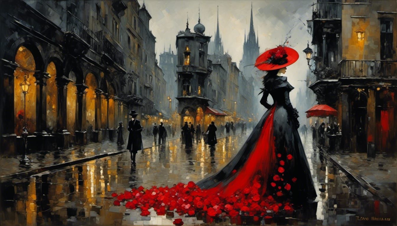 Gothic Woman in Red Gown: Charcoal & Ink Art