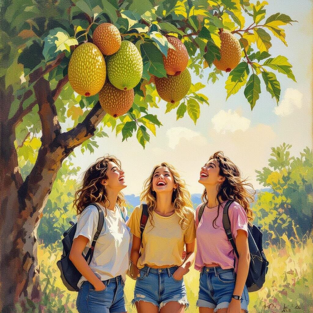 Friends Admire Jackfruit Tree in Impressionist Style