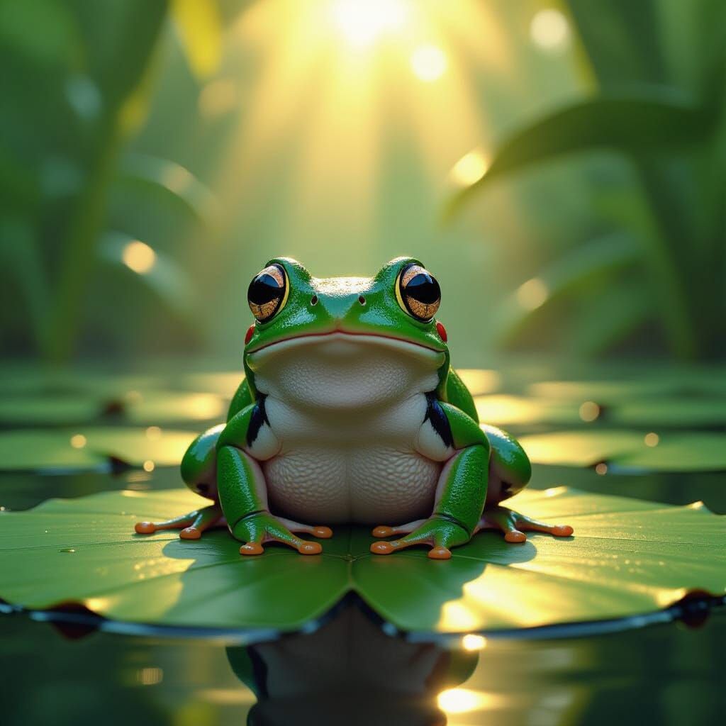 Emerald Frog on Lily Pad: Hyperrealistic Jungle Scene