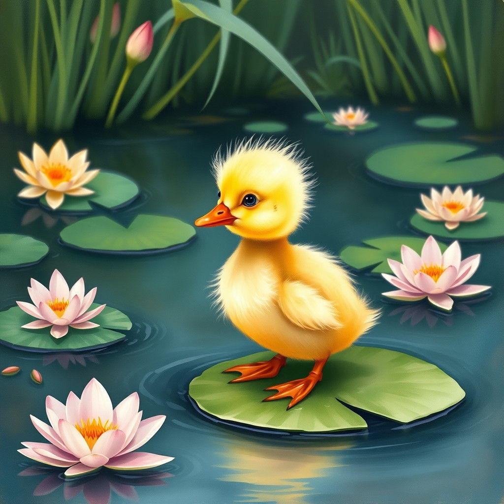 Whimsical Duckling on Lily Pad Watercolor Illustration