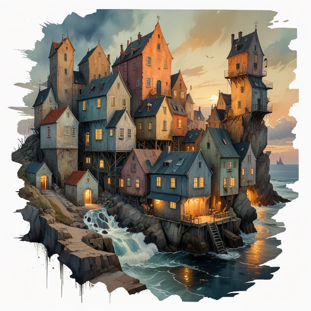 Atmospheric Coastal Townscape at Dusk in Dreamlike Watercolo...
