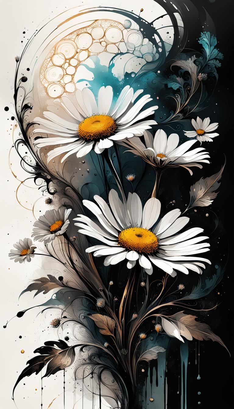 Fractal Filigree Ink Art of Daisy Flowers