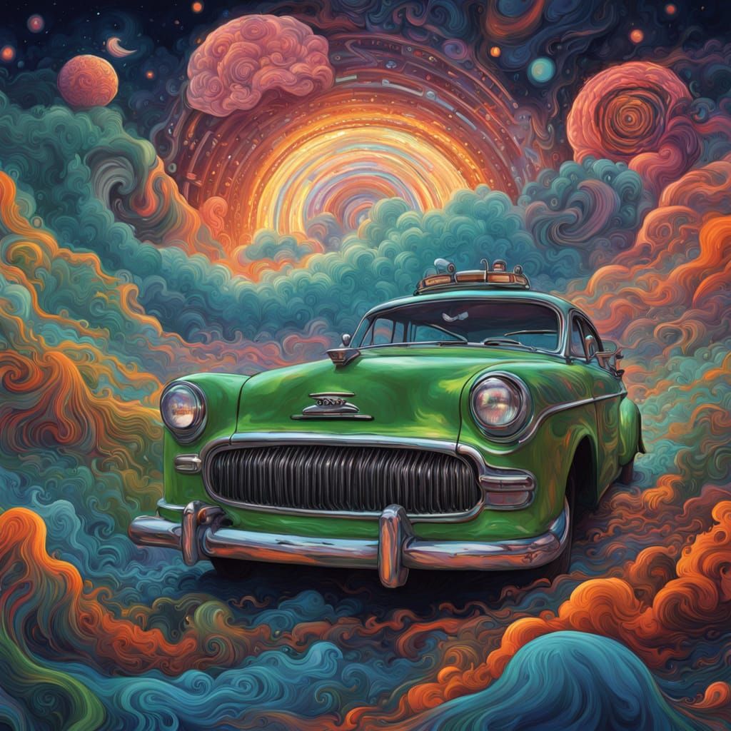 Cosmic Clouds Regenerating in Car Trunk Astral Illustration