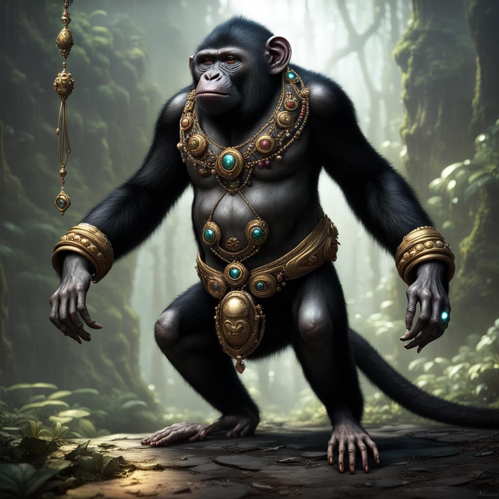 Monkey-Gorilla Hybrid with Jeweled Tail: Dark Fantasy Art