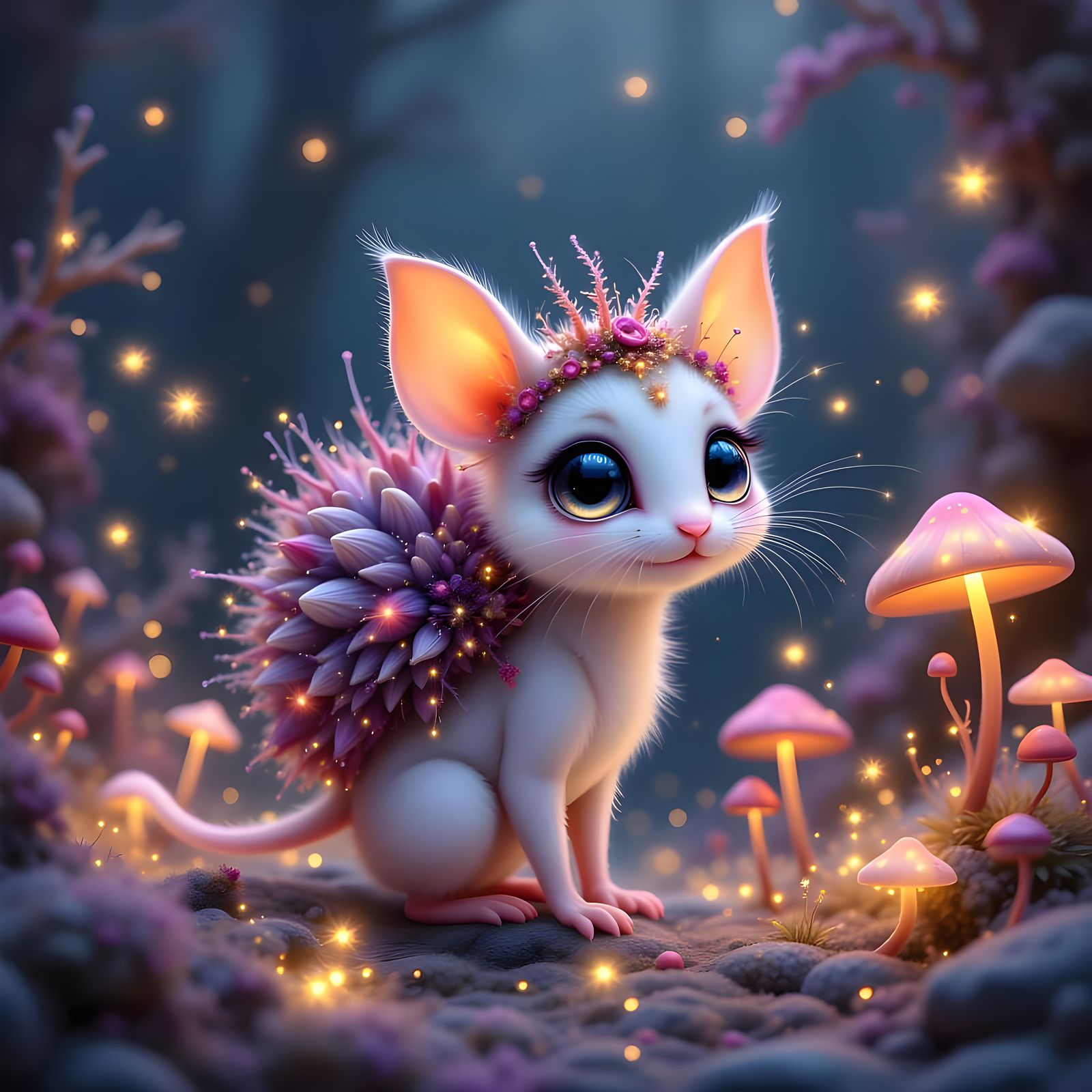 Cute Mouse Rides Kitten Through Glowing Mushroom Forest