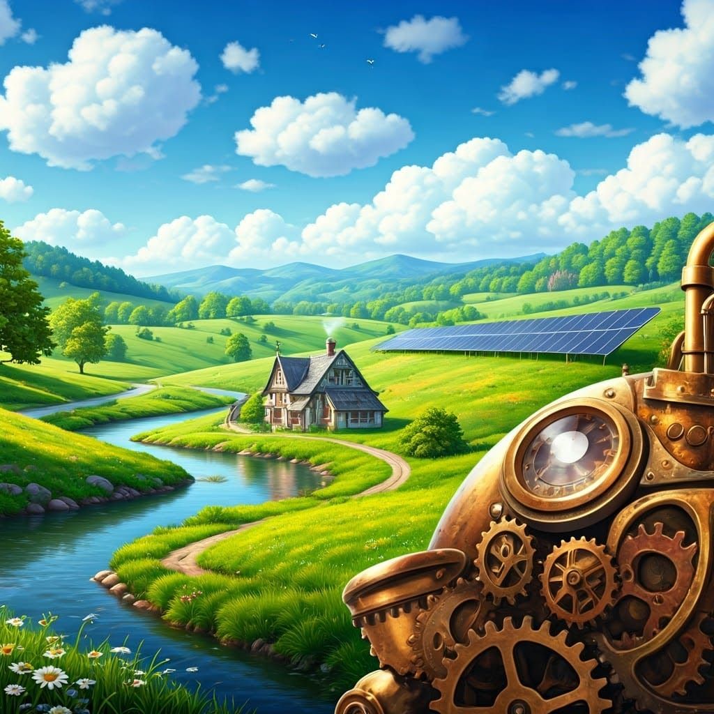 Solar Energy Landscape with Steampunk Engine