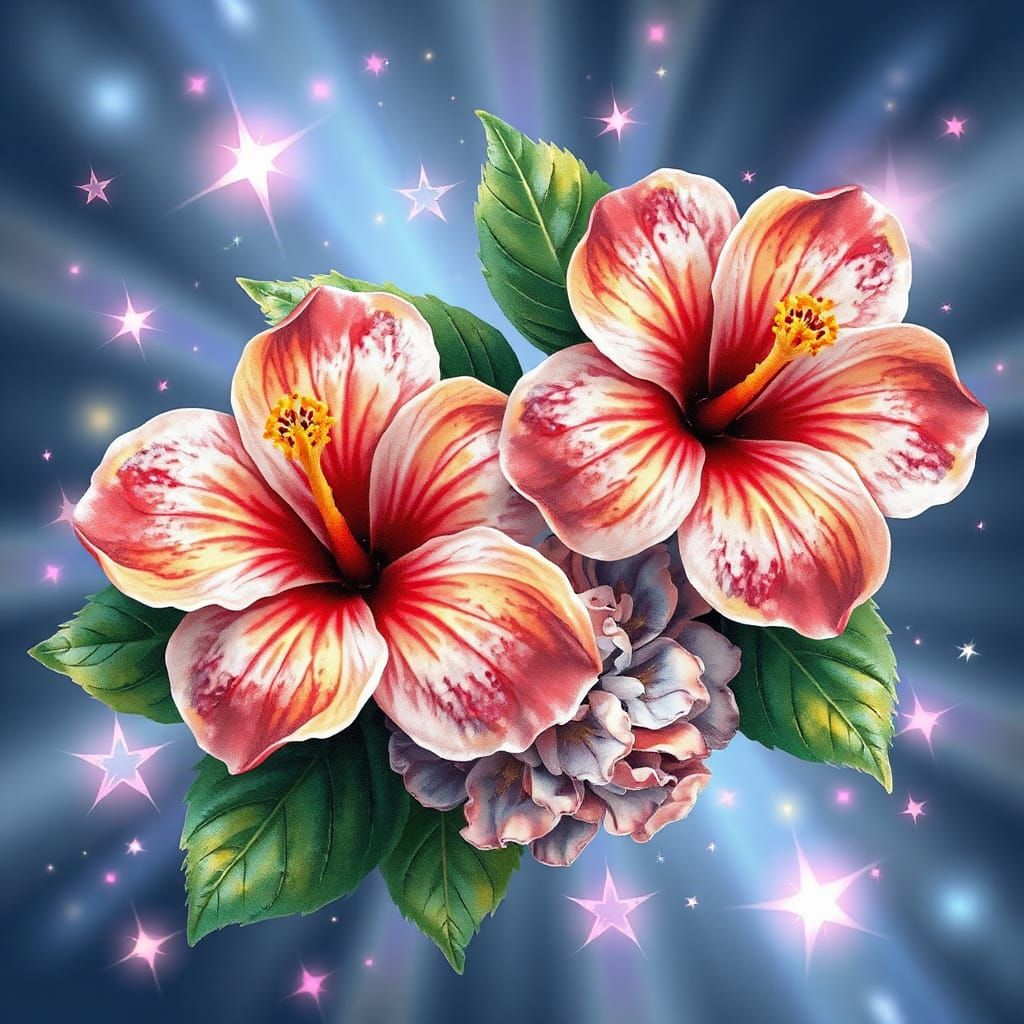 Ethereal Hibiscus Flowers with Iridescent Opal Stars