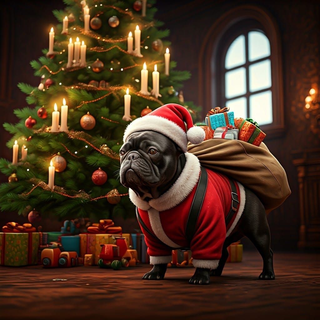 Regal Black French Bulldog Santa with Christmas Tree and Gif...