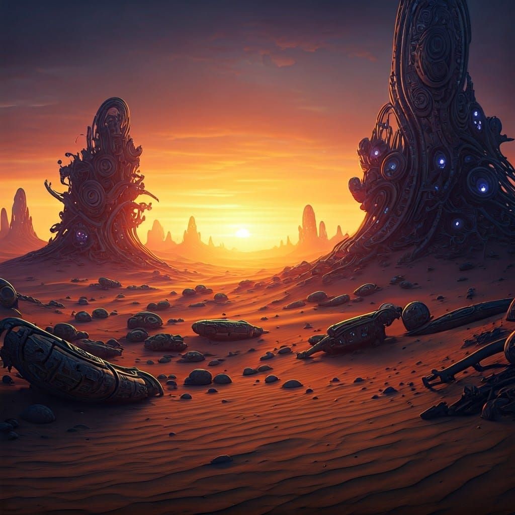 Fantasy Desert Landscape at Sunset in Matte Painting Style