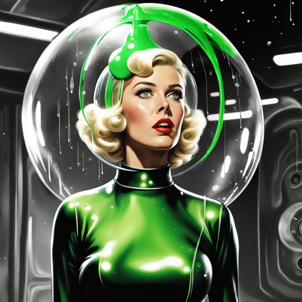 Blonde Woman and Green Blob in 1950s Sci-Fi Style