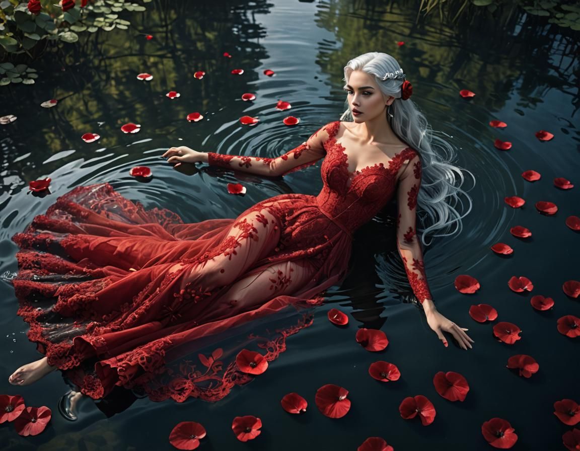 Silver-Haired Woman in Red Gown in Lake